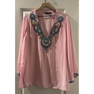 Boston Proper Pink Beaded Cowrie Shell Tunic Top Boho Resort Viscose M